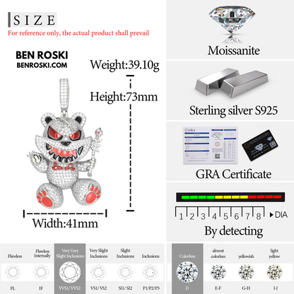 Evil Teddy Bear Pendant Sterling Silver or Gold / Rose Gold Plated | VVS Moissanite | GRA Certified