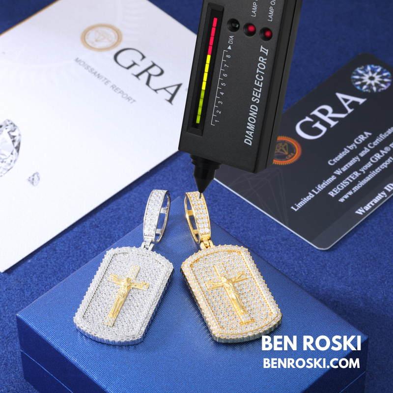 Crucifix Dog Tag Pendant Sterling Silver, Gold & Rose Gold | VVS Moissanite | GRA Certified