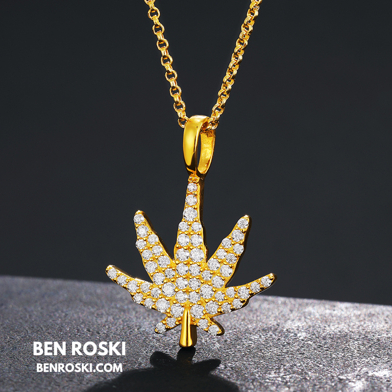 Cannabis Leaf Pendant Sterling Silver or Gold / Rose Gold Plated | VVS Moissanite | GRA Certified