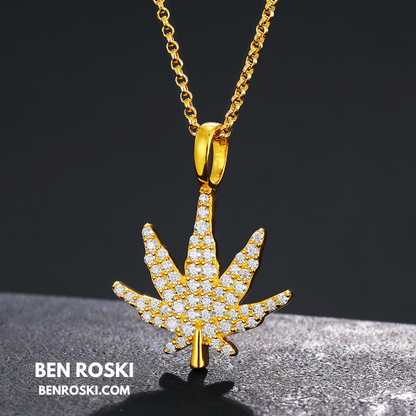 Cannabis Leaf Pendant Sterling Silver or Gold / Rose Gold Plated | VVS Moissanite | GRA Certified