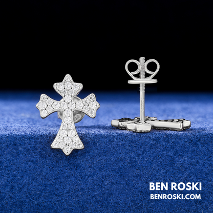 Cross Moissanite Stud Earrings Sterling Silver, Gold & Rose Gold | VVS Moissanite | GRA Certified