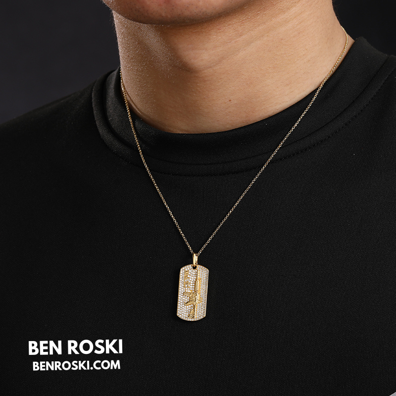 M4 Rifle Dog Tag Pendant Sterling Silver or Gold & Rose Gold Plated | VVS Moissanite | GRA Certified