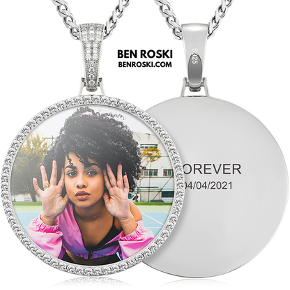 Custom Photo Round Pendant Sterling Silver or Gold & Rose Gold Plated | Moissanite | GRA Certified
