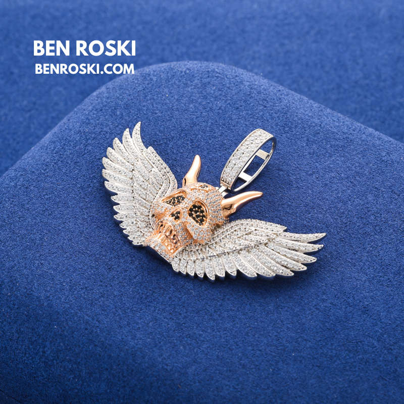 Moissanite Winged Skull Pendant Sterling Silver, Gold & Rose Gold Plated | VVS Moissanite | GRA Certified