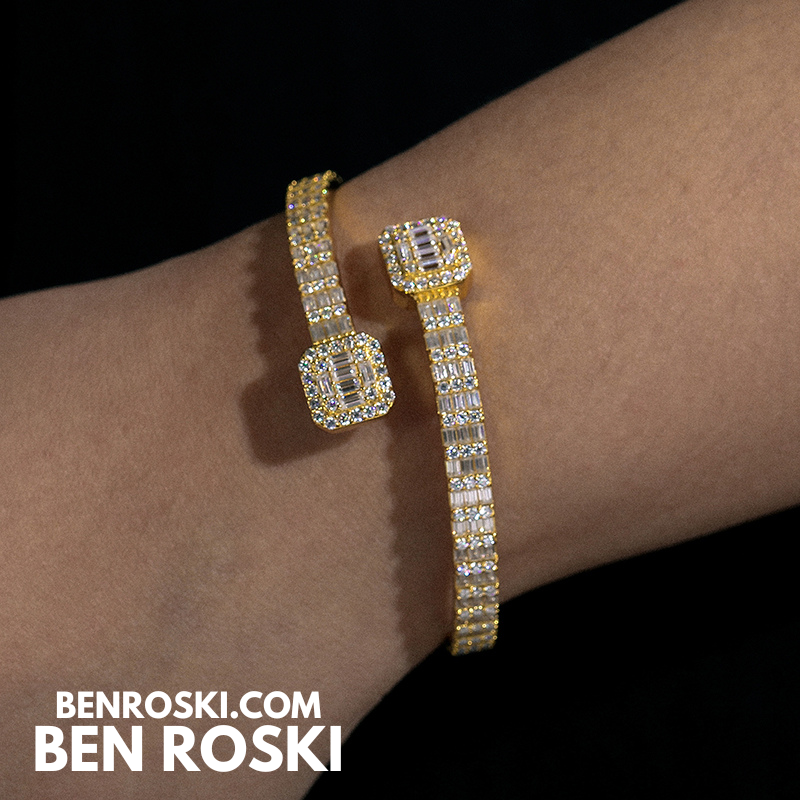 Baguette Moissanite Open Bangle – 7/8-Inch | 5.5MM | Silver, Gold Plated & Rose Gold Plated over 925 Silver | GRA Certified