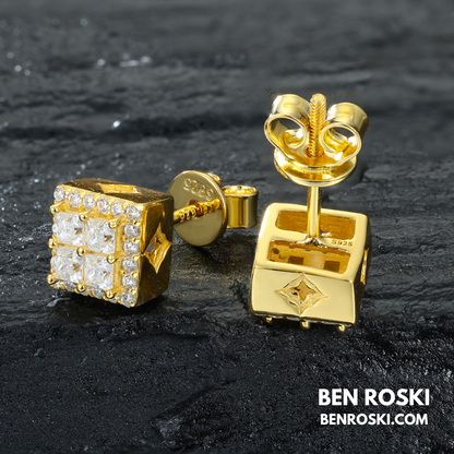 Square Cluster Stud Earrings Sterling Silver, Gold or Rose Gold Plated | 5A Moissanite Stones