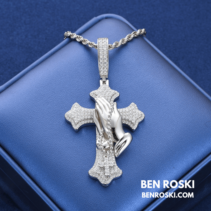 Praying Hands Cross Pendant – 71MM Height | VVS1 Moissanite | GRA Certified