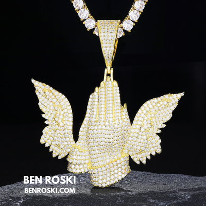Praying Hands with Wings Pendant Sterling Silver, Gold, or Rose Gold | VVS Moissanite | GRA Certified
