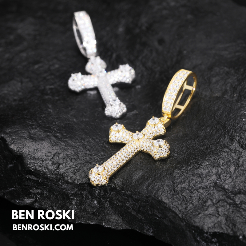 Iced Cross Pendant Sterling Silver, Gold & Rose Gold Plated | VVS Moissanite | GRA Certified