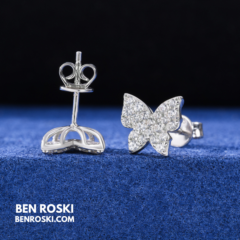 Butterfly Stud Earrings Sterling Silver, Gold, or Rose Gold | VVS Moissanite | GRA Certified