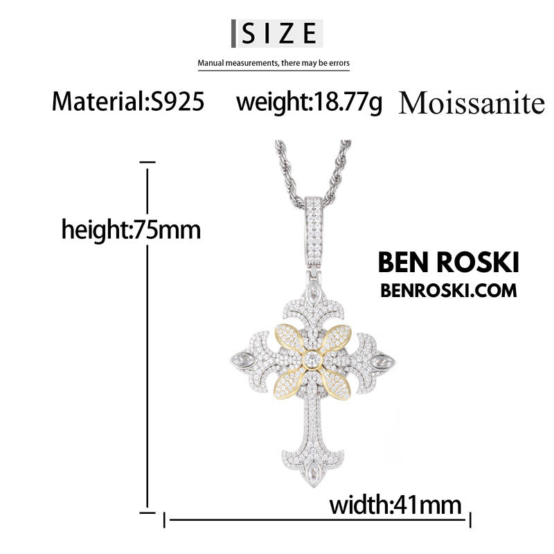 Floral Cross Pendant Sterling Silver, Gold & Rose Gold | VVS Moissanite | GRA Certified
