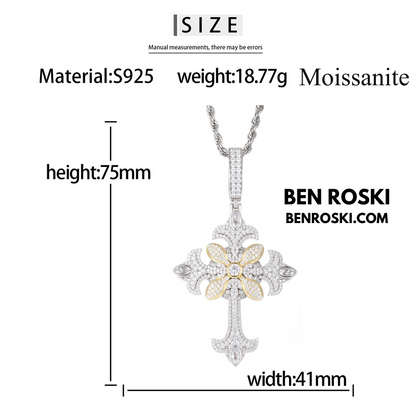 Floral Cross Pendant Sterling Silver, Gold & Rose Gold | VVS Moissanite | GRA Certified