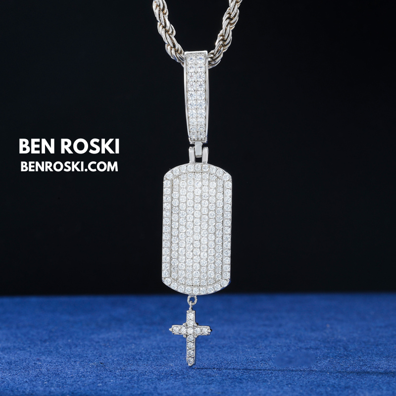 Iced Dog Tag Pendant with Cross Sterling Silver, Gold, or Rose Gold | VVS Moissanite | GRA Certified