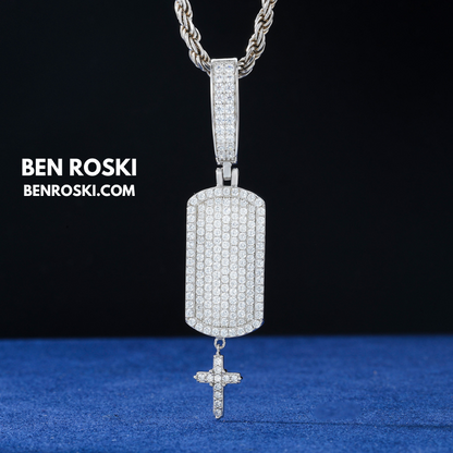 Iced Dog Tag Pendant with Cross Sterling Silver, Gold, or Rose Gold | VVS Moissanite | GRA Certified