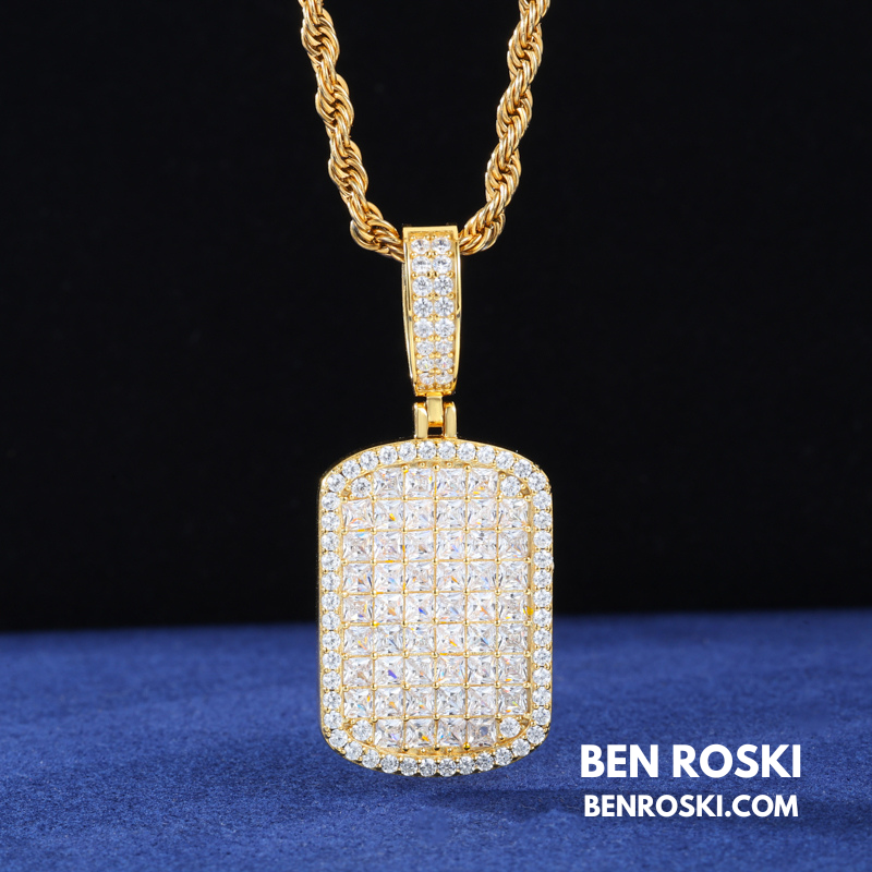 Iced Moissanite Rectangular Pendant Sterling Silver, Gold or Rose Gold Plated | VVS Moissanite | GRA Certified