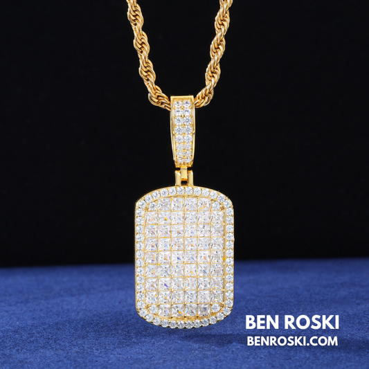 Iced Moissanite Rectangular Pendant Sterling Silver, Gold or Rose Gold Plated | VVS Moissanite | GRA Certified