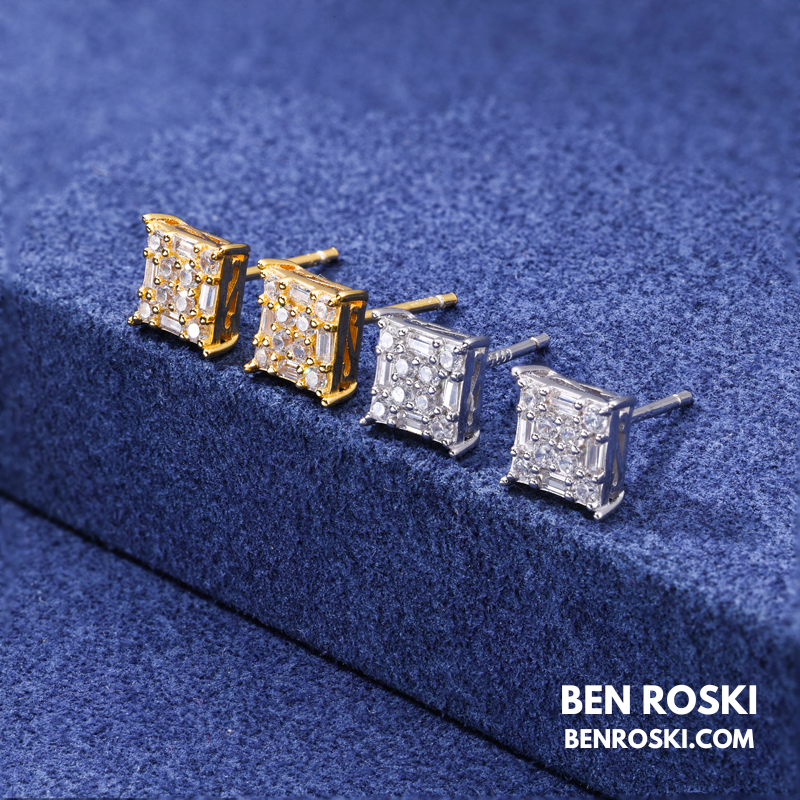 Square Cluster Stud Earrings Sterling Silver or Gold/Rose Gold Plated | VVS Moissanite | GRA Certified