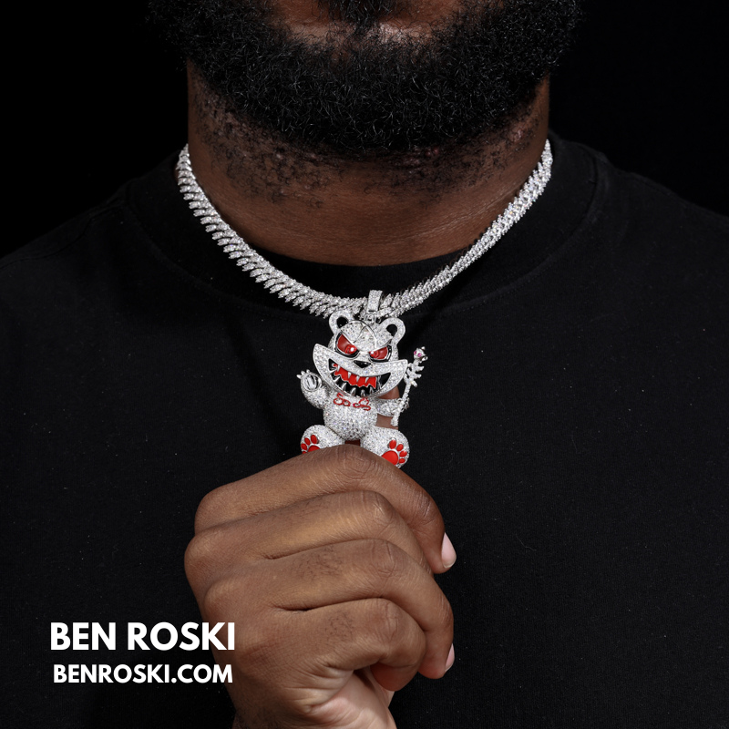 Evil Teddy Bear Pendant Sterling Silver or Gold / Rose Gold Plated | VVS Moissanite | GRA Certified