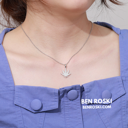 Cannabis Leaf Pendant Sterling Silver or Gold / Rose Gold Plated | VVS Moissanite | GRA Certified