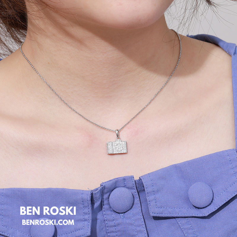 Camera Pendant Necklace Sterling Silver or Gold / Rose Gold Plated | VVS Moissanite | GRA Certified