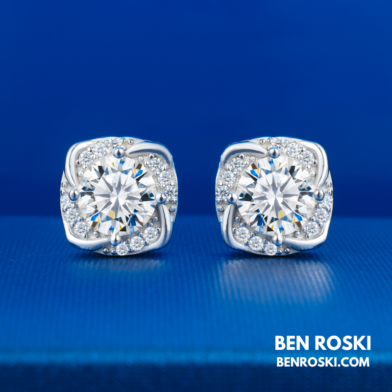Moissanite Halo Stud Earrings Sterling Silver or Gold/Rose Gold Plated | VVS Moissanite | GRA Certified