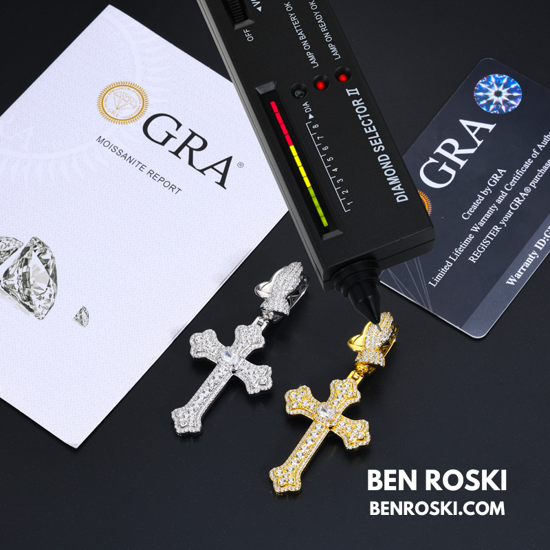 Moissanite Cross Pendant with Praying Hands Bail Sterling Silver, Gold, or Rose Gold | VVS Moissanite | GRA Certified