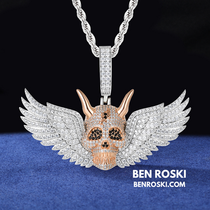 Moissanite Winged Skull Pendant Sterling Silver, Gold & Rose Gold Plated | VVS Moissanite | GRA Certified