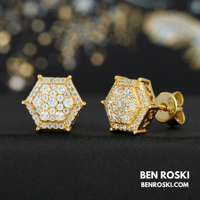 Hexagon Cluster Stud Earrings Sterling Silver, Gold, or Rose Gold Plated | VVS Moissanite | GRA Certified