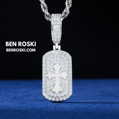 Iced Cross Dog Tag Pendant Sterling Silver, Gold & Rose Gold | VVS Moissanite | GRA Certified