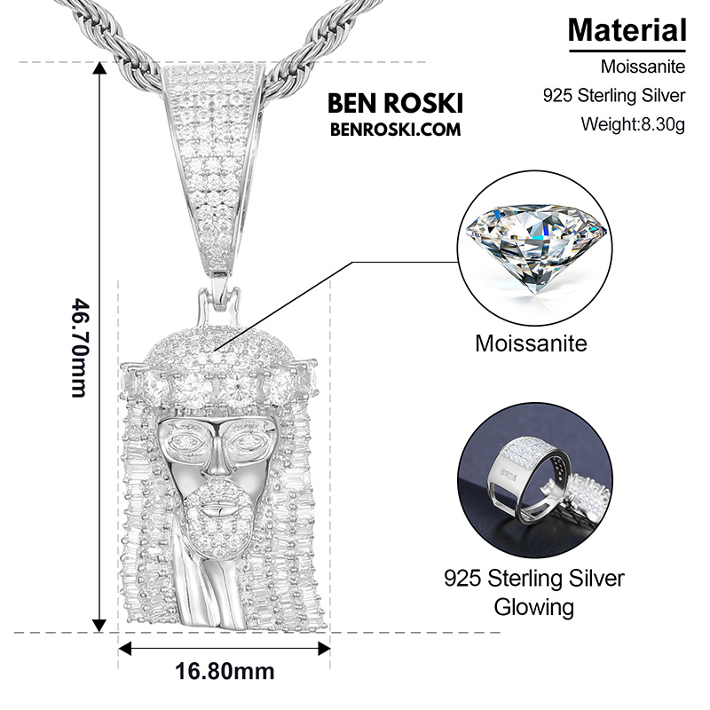 Jesus Face Moissanite Pendant Sterling Silver, Gold, or Rose Gold | VVS Moissanite | GRA Certified