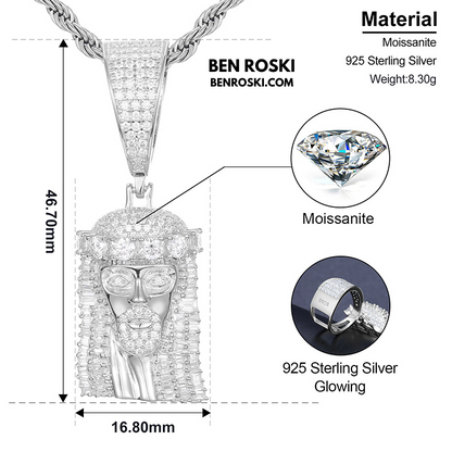 Jesus Face Moissanite Pendant Sterling Silver, Gold, or Rose Gold | VVS Moissanite | GRA Certified