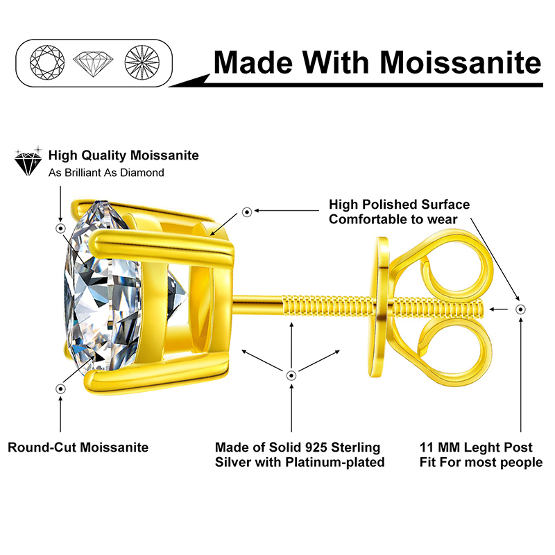 Round-Cut Moissanite Stud Earrings Sterling Silver or Gold / Rose Gold Plated | GRA Certified