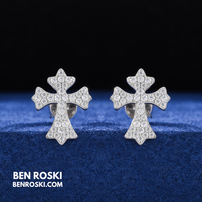 Cross Moissanite Stud Earrings Sterling Silver, Gold & Rose Gold | VVS Moissanite | GRA Certified