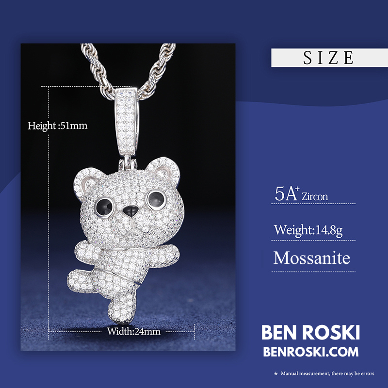 Dancing Teddy Bear Pendant Sterling Silver, Gold & Rose Gold | VVS Moissanite | GRA Certified