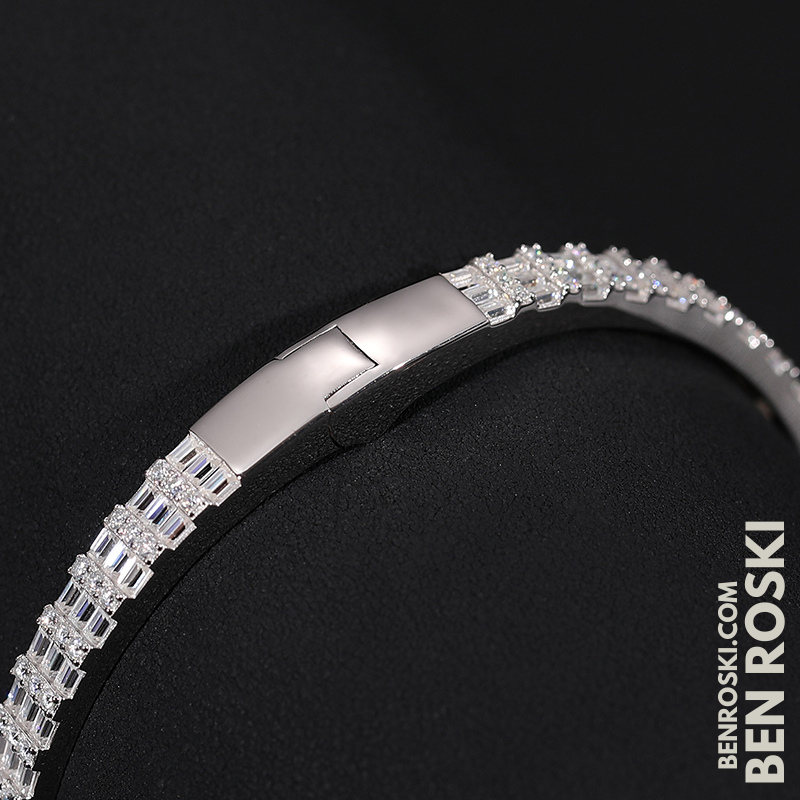 Baguette Moissanite Open Bangle – 7/8-Inch | 5.5MM | Silver, Gold Plated & Rose Gold Plated over 925 Silver | GRA Certified