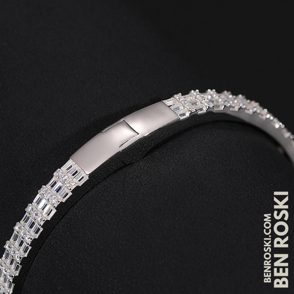 Baguette Moissanite Open Bangle – 7/8-Inch | 5.5MM | Silver, Gold Plated & Rose Gold Plated over 925 Silver | GRA Certified