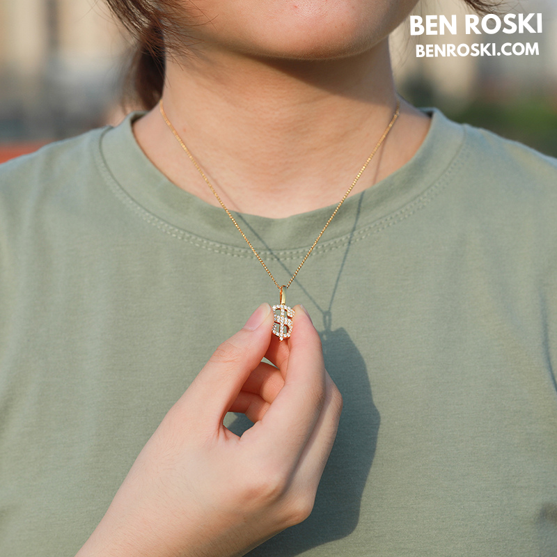 Dollar Sign Pendant Sterling Silver, Gold / Rose Gold Plated | VVS Moissanite | GRA Certified