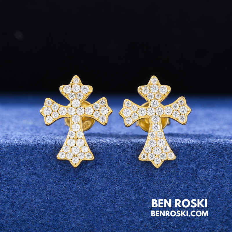 Cross Moissanite Stud Earrings Sterling Silver, Gold & Rose Gold | VVS Moissanite | GRA Certified