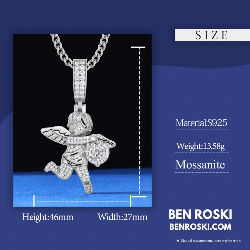 Angel Money Bag Pendant Sterling Silver or Gold & Rose Gold Plated | VVS Moissanite | GRA Certified