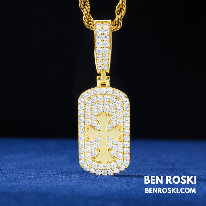 Iced Cross Dog Tag Pendant Sterling Silver, Gold & Rose Gold | VVS Moissanite | GRA Certified