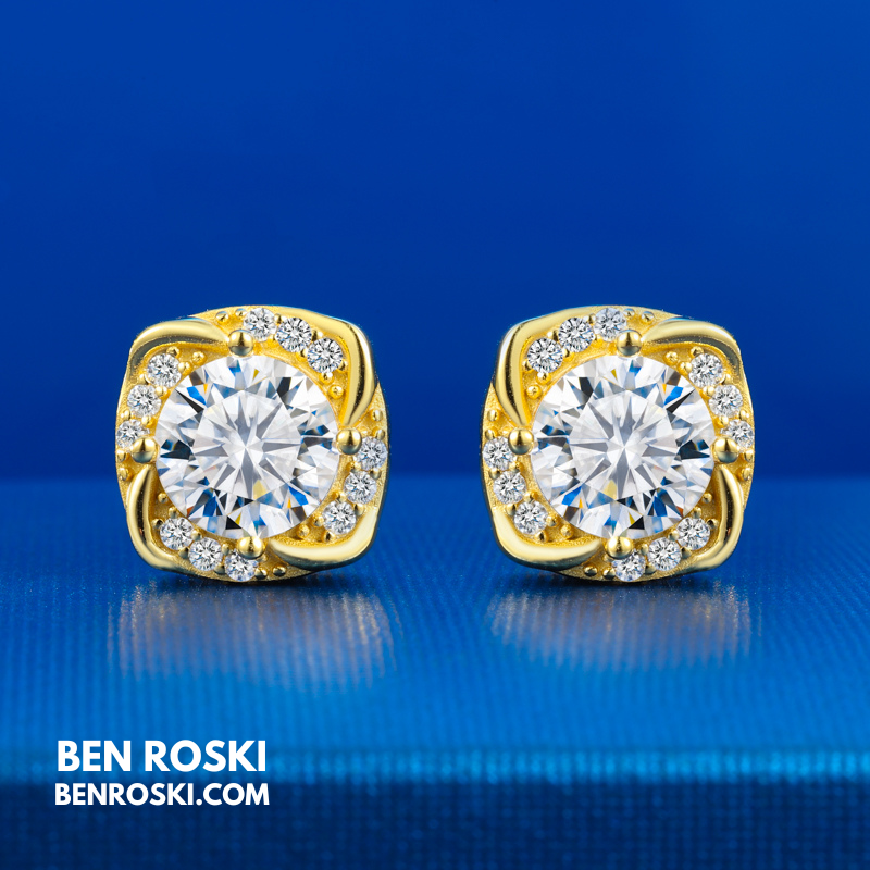 Moissanite Halo Stud Earrings Sterling Silver or Gold/Rose Gold Plated | VVS Moissanite | GRA Certified