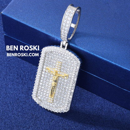 Crucifix Dog Tag Pendant Sterling Silver, Gold & Rose Gold | VVS Moissanite | GRA Certified