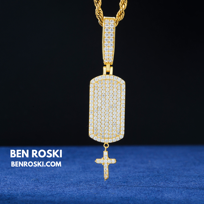 Iced Dog Tag Pendant with Cross Sterling Silver, Gold, or Rose Gold | VVS Moissanite | GRA Certified