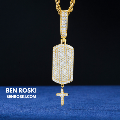 Iced Dog Tag Pendant with Cross Sterling Silver, Gold, or Rose Gold | VVS Moissanite | GRA Certified