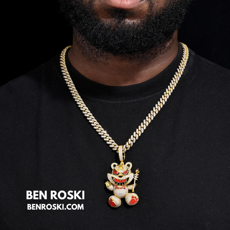 Evil Teddy Bear Pendant Sterling Silver or Gold / Rose Gold Plated | VVS Moissanite | GRA Certified