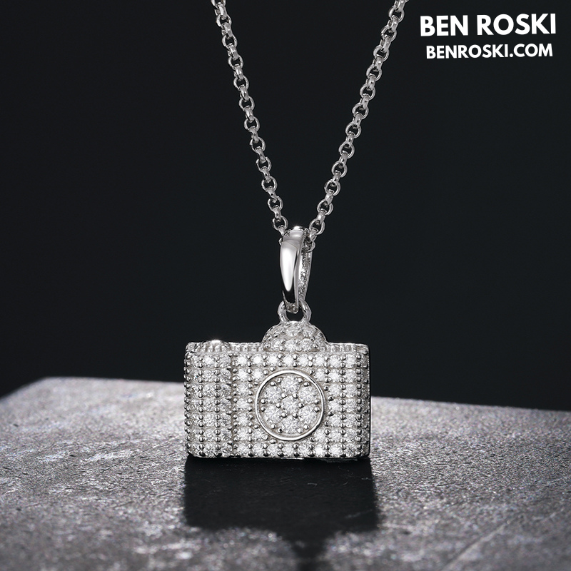 Camera Pendant Necklace Sterling Silver or Gold / Rose Gold Plated | VVS Moissanite | GRA Certified