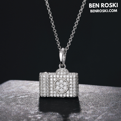 Camera Pendant Necklace Sterling Silver or Gold / Rose Gold Plated | VVS Moissanite | GRA Certified