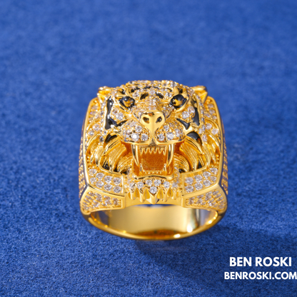 Iced-Out Tiger Head Ring Sterling Silver, Gold & Rose Gold | VVS Moissanite | GRA Certified