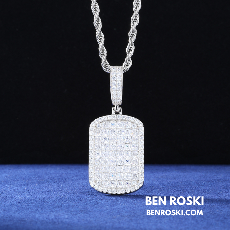 Iced Moissanite Rectangular Pendant Sterling Silver, Gold or Rose Gold Plated | VVS Moissanite | GRA Certified