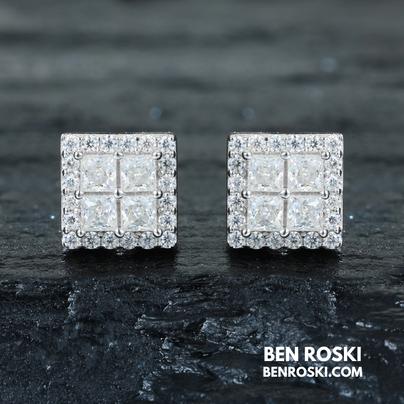 Square Cluster Stud Earrings Sterling Silver, Gold or Rose Gold Plated | 5A Moissanite Stones